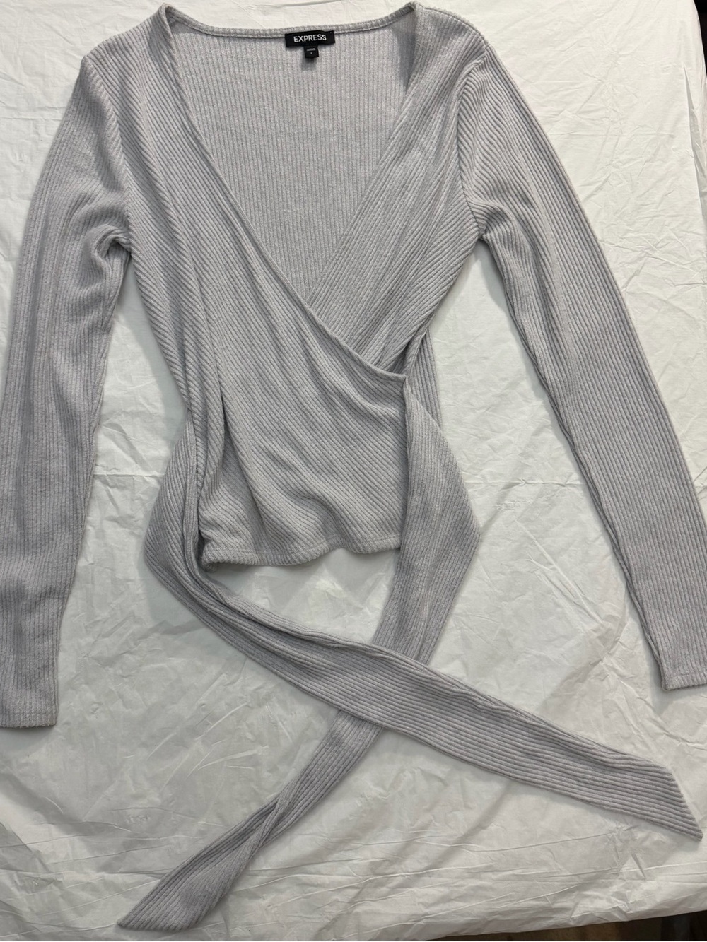 Express Light Gray Ribbed Wrap Tie-Front Long Sleeve Top